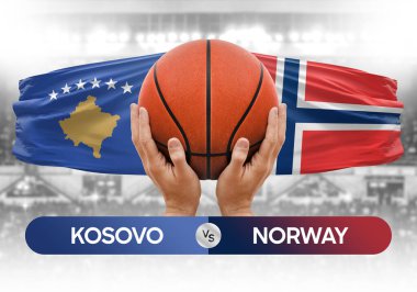 Kosova Norveç milli basketbol takımlarına karşı basketbol topu yarışma kupası konsepti