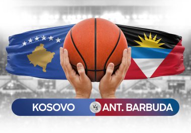 Kosova Antigua ve Barbuda milli basketbol takımlarına karşı basketbol topu yarışma kupası konsepti