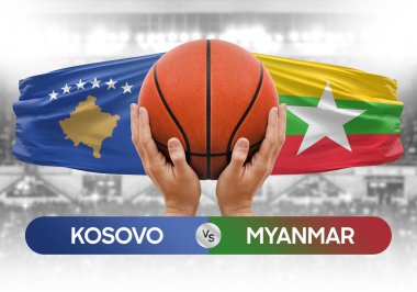 Kosova Myanmar milli basketbol takımlarına karşı basketbol topu yarışma kupası konsepti imajı