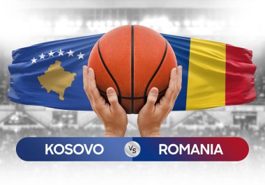 Kosova Romanya milli basketbol takımlarına karşı basketbol topu yarışma kupası konsepti imajı