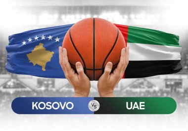 Kosova BAE milli basketbol takımlarına karşı basketbol topu yarışma kupası konsepti imajı