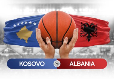 Kosova Arnavutluk milli basketbol takımlarına karşı basketbol topu yarışma kupası konsepti imajı