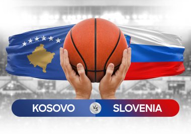 Kosova Slovenya milli basketbol takımlarına karşı basketbol topu yarışma kupası konsepti imajı