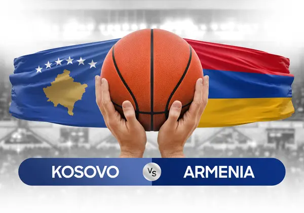 Kosova Ermenistan milli basketbol takımlarına karşı basketbol topu yarışma kupası konsepti imajı