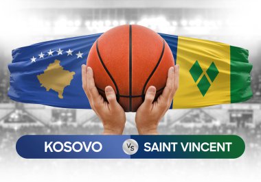 Kosova, Saint Vincent Grenadines 'e karşı milli basketbol takımları basketbol maçı kupası konsepti imajı