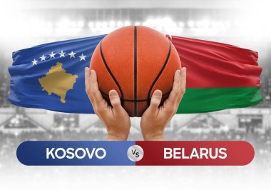 Kosova Belarus milli basketbol takımlarına karşı basketbol topu yarışma kupası konsepti imajı