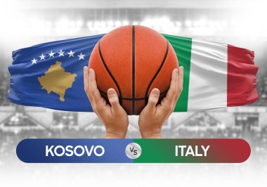 Kosova İtalya milli basketbol takımlarına karşı basketbol topu yarışma kupası konsepti imajı