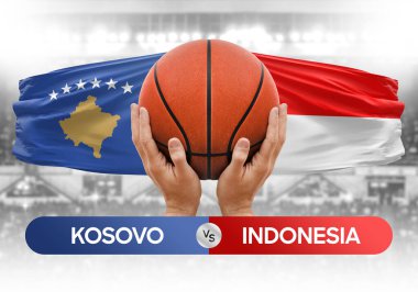 Kosova Endonezya milli basketbol takımlarına karşı basketbol topu yarışma kupası konsepti imajı