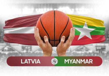 Letonya, Myanmar Millî Basketbol Takımı 'na karşı basketbol topu yarışma kupası konsepti