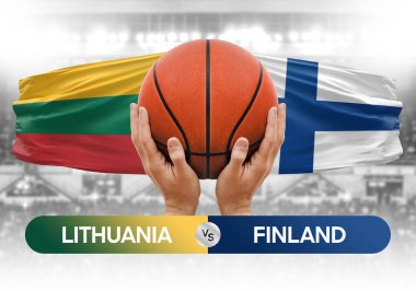 Litvanya, Finlandiya milli basketbol takımlarına karşı basketbol topu yarışma kupası konsepti imajı