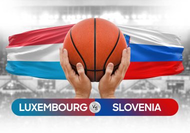 Lüksemburg Slovenya milli basketbol takımlarına karşı basketbol topu yarışma kupası konsepti