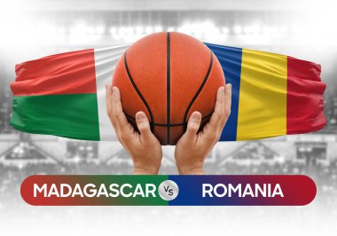 Madagaskar Romanya milli basketbol takımlarına karşı basketbol topu yarışma kupası konsepti imajı
