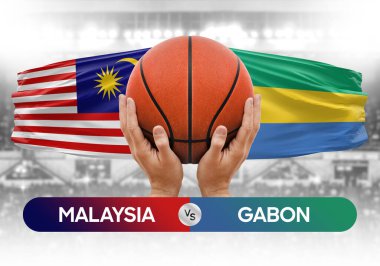 Malezya Gabon milli basketbol takımlarına karşı basketbol topu yarışma kupası konsepti imajı