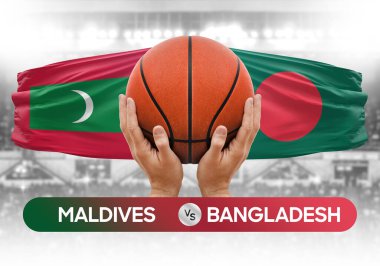 Maldivler Bangladeş milli basketbol takımlarına karşı basketbol topu yarışma kupası konsepti