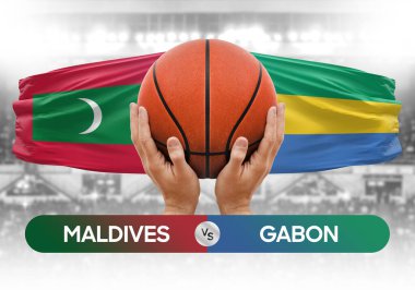 Maldivler Gabon milli basketbol takımlarına karşı basketbol topu yarışma kupası konsepti