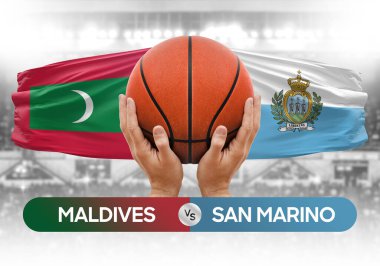 Maldivler San Marino milli basketbol takımlarına karşı basketbol topu yarışma kupası konsepti