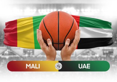 Mali, BAE milli basketbol takımlarına karşı basketbol topu yarışma kupası konsepti