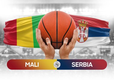 Mali Sırbistan milli basketbol takımlarına karşı basketbol topu yarışma kupası konsepti imajı