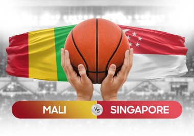 Mali, Singapur milli basketbol takımlarına karşı basketbol topu yarışma kupası konsepti imajı