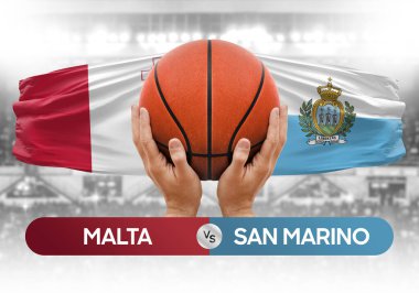Malta, San Marino milli basketbol takımlarına karşı basketbol topu yarışma kupası konsepti imajı