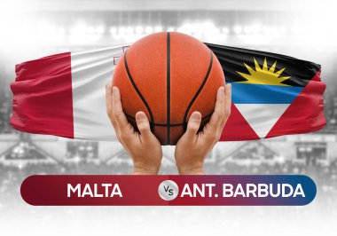 Malta, Antigua ve Barbuda milli basketbol takımlarına karşı basketbol topu yarışma kupası konsepti imajı