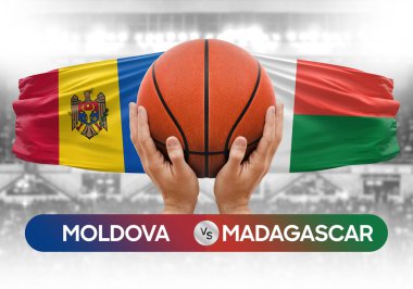 Moldova Madagaskar 'a karşı milli basketbol takımları basketbol topu yarışma kupası konsepti imajı