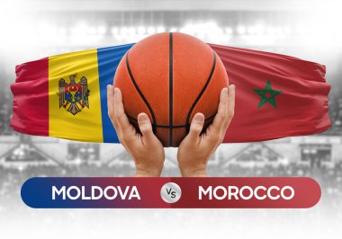 Moldova Fas milli basketbol takımlarına karşı basketbol topu yarışma kupası konsepti imajı