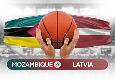 Mozambik Letonya milli basketbol takımlarına karşı basketbol topu yarışma kupası konsepti