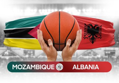 Mozambik Arnavutluk milli basketbol takımlarına karşı basketbol topu yarışma kupası konsepti imajı