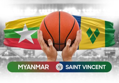 Myanmar, Saint Vincent Grenadines 'e karşı milli basketbol takımları basketbol topu yarışma kupası konsepti