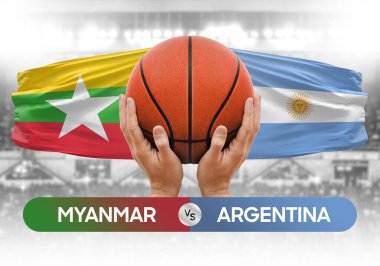 Myanmar Arjantin milli basketbol takımlarına karşı basketbol topu yarışma kupası konsepti imajı