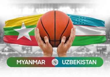 Myanmar Özbekistan milli basketbol takımlarına karşı basketbol topu yarışma kupası konsepti