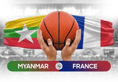 Myanmar Fransa milli basketbol takımlarına karşı basketbol topu yarışma kupası konsepti imajı