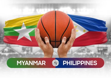 Myanmar Filipinler 'e karşı milli basketbol takımları basketbol topu yarışma kupası konsepti imajı