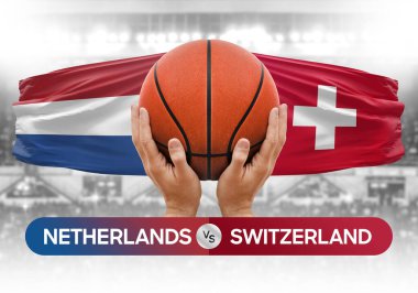 Hollanda, İsviçre milli basketbol takımlarına karşı basketbol topu yarışma kupası konsepti imajı