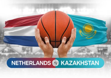 Hollanda Kazakistan milli basketbol takımlarına karşı basketbol topu yarışma kupası konsepti