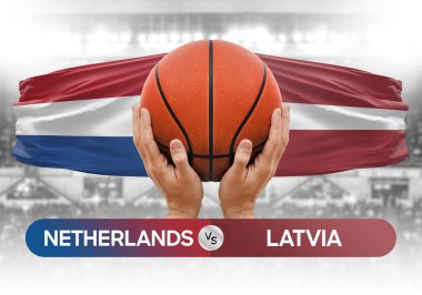 Hollanda Letonya milli basketbol takımlarına karşı basketbol topu yarışma kupası konsepti imajı