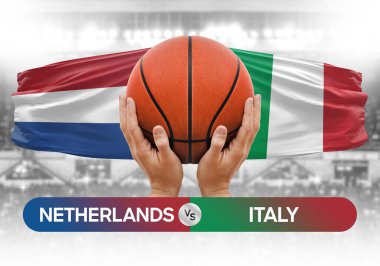 Hollanda, İtalya milli basketbol takımlarına karşı basketbol topu yarışma kupası konsepti imajı