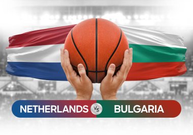 Hollanda Bulgaristan milli basketbol takımlarına karşı basketbol topu yarışma kupası konsepti imajı