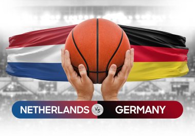 Hollanda, Almanya milli basketbol takımlarına karşı basketbol topu yarışma kupası konsepti imajı