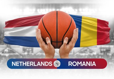 Hollanda Romanya milli basketbol takımlarına karşı basketbol topu yarışma kupası konsepti imajı