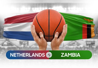 Hollanda, Zambiya 'ya karşı milli basketbol takımları basketbol topu yarışma kupası konsepti imajı