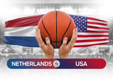 Hollanda ABD milli basketbol takımlarına karşı basketbol topu yarışma kupası konsepti imajı