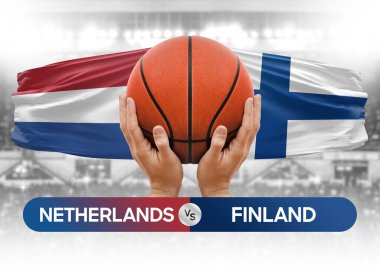 Hollanda Finlandiya milli basketbol takımlarına karşı basketbol topu yarışma kupası konsepti imajı