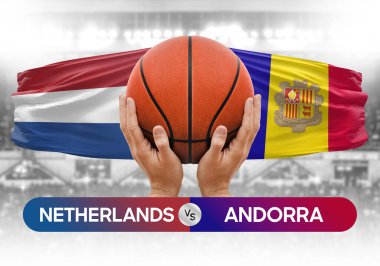 Hollanda Andorra milli basketbol takımlarına karşı basketbol topu yarışma kupası konsepti