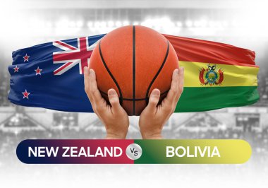 Yeni Zelanda Bolivya 'ya karşı milli basketbol takımları basketbol topu yarışma kupası konsepti imajı