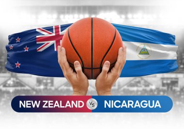 Yeni Zelanda Nikaragua 'ya karşı milli basketbol takımları basketbol topu yarışma kupası konsepti imajı