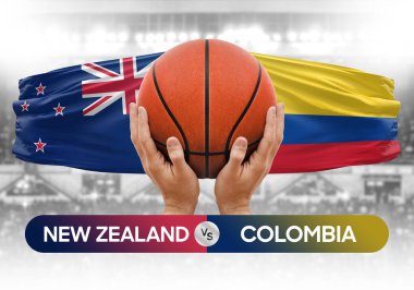 Yeni Zelanda Kolombiya 'ya karşı milli basketbol takımları basketbol topu yarışma kupası konsepti imajı