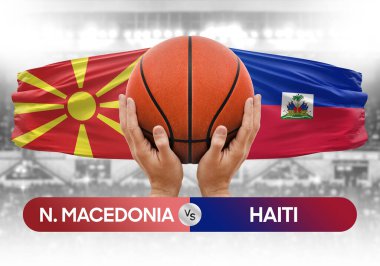 Kuzey Makedonya Haiti milli basketbol takımlarına karşı basketbol topu yarışma kupası konsepti imajı