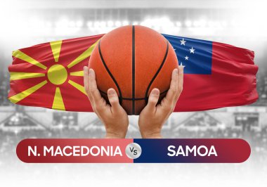 Kuzey Makedonya Samoa milli basketbol takımlarına karşı basketbol topu yarışma kupası konsepti imajı